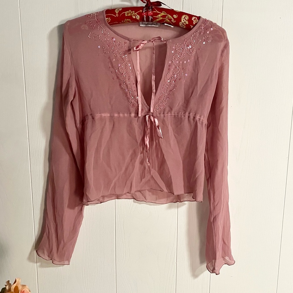 Pink sheer vintage long sleeve front tie top